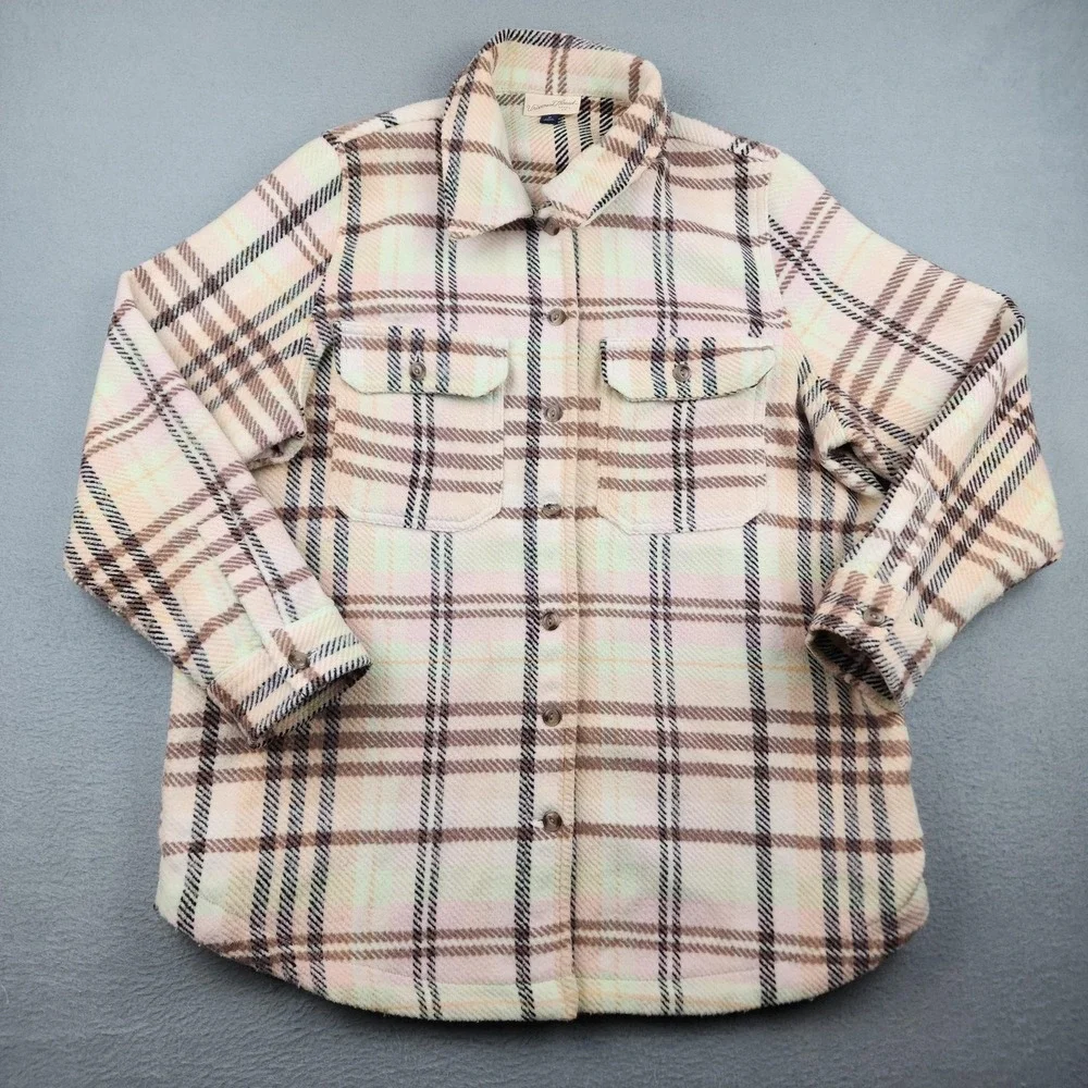 Universal Thread Jacket Womens Medium White Plaid Flannel Button Front Pockets
